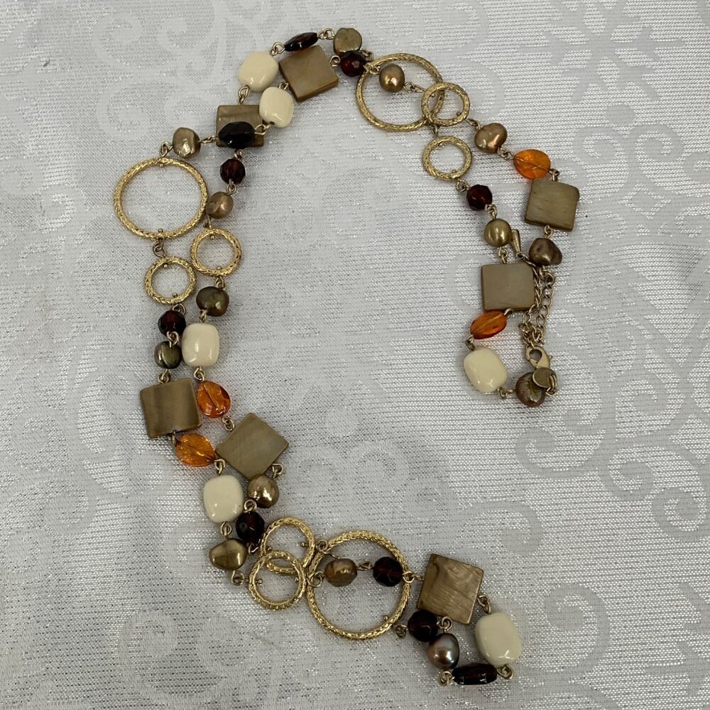 Lia Sophia Multi-Stone Necklace 34 Inch Gold Brown & Cream Beaded Long Chain‎